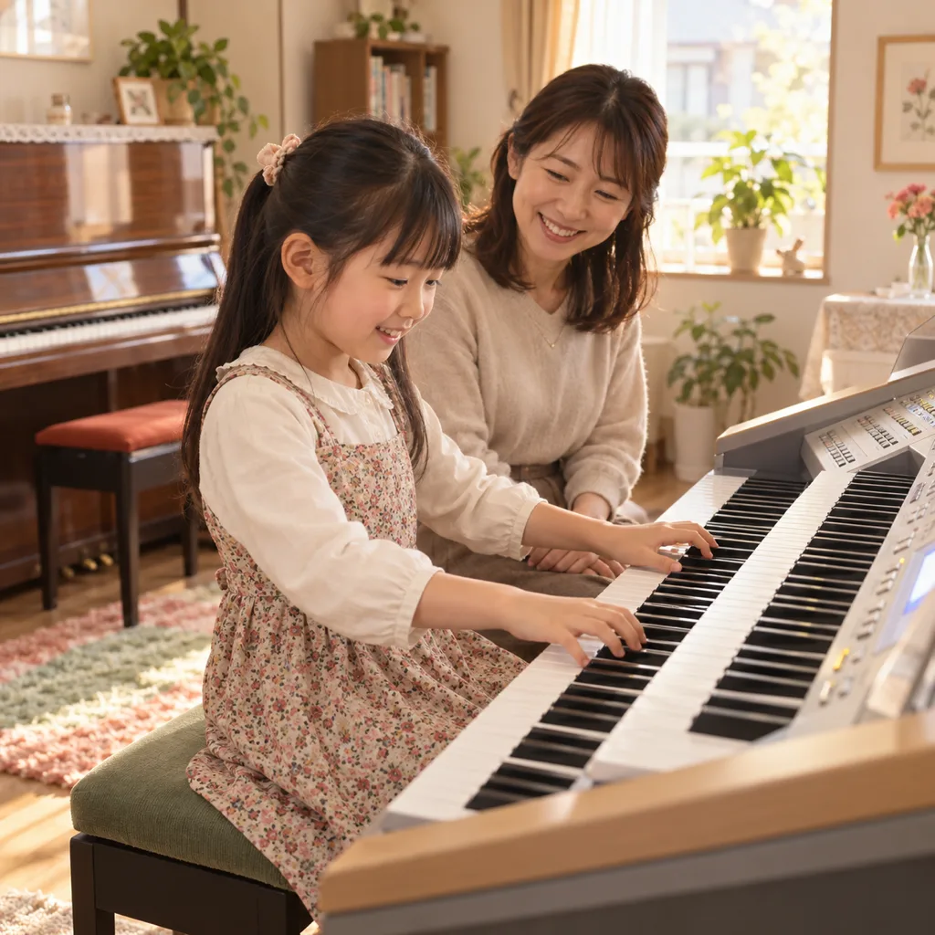 エレクトーンを弾く小学生と、となりで見守る先生