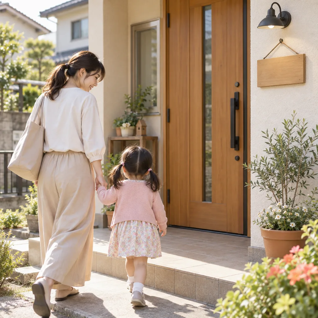 おうちの人と手をつないで教室の玄関へ向かう子ども