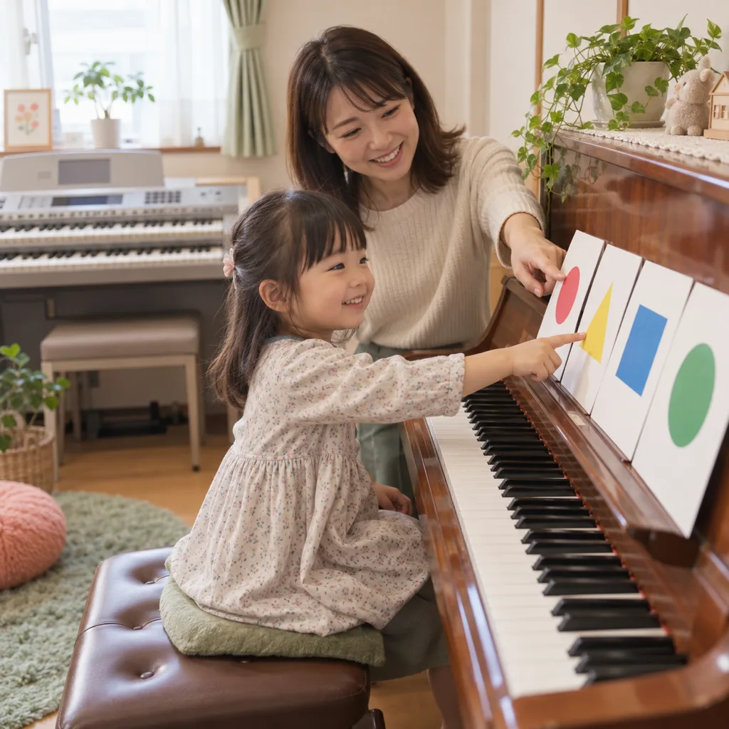 色のカードを見ながら鍵盤にふれる子ども