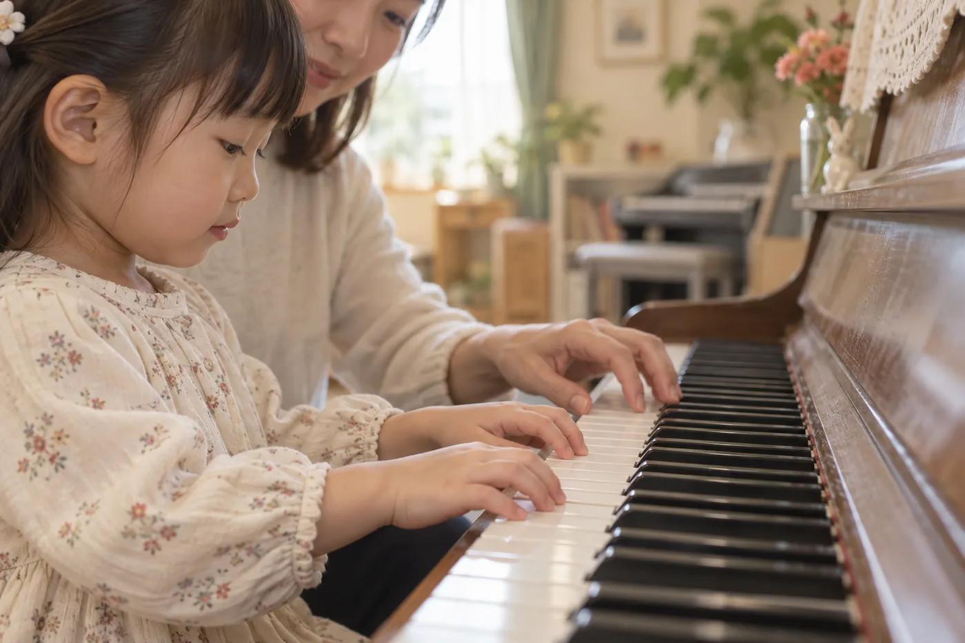子どもの手と先生の手が、鍵盤の上にそっと並んでいる