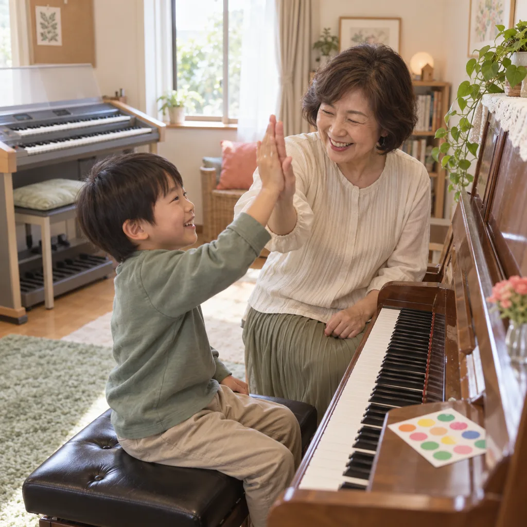 曲を弾き終えて、先生と子どもがハイタッチ