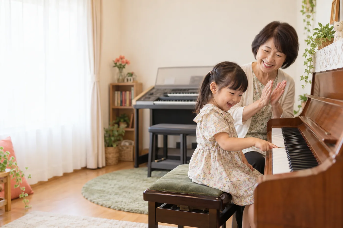 先生と子どもがピアノの前で笑っている様子
